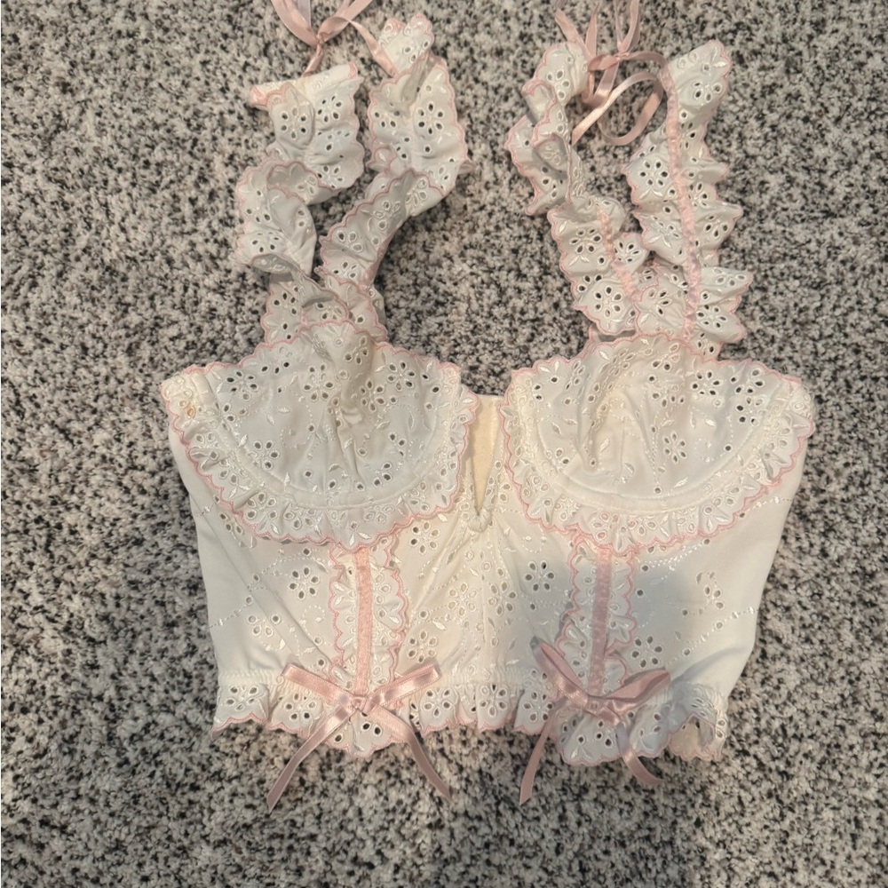 For Love And Lemons White and Pink Eyelet Blouse